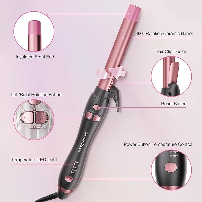 Rotating Curling Iron 1 Inch, Automatic Extra-Long Barrel Curling Iron with 30s Fast Heating for Beginners Long Hair Lasting Waves, Adjustable Temperature, Universal Voltage for Travel, Rose Gold