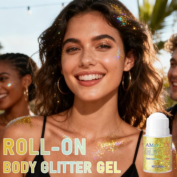 1PC Roll-on Holographic Body Glitter Gel for Body, Hair, Face, Chameleon Color Changing Glitter Gel Under Light, Chunky Mermaid Sequins Festival Party Rave Accessories Shimmer Makeup (Gold)