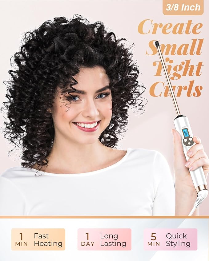 Small Curling Wand 3/8 Inch, Thin Curling Wand for Short Hair, 9mm Ceramic Long Barrel with Adjustable Temperature