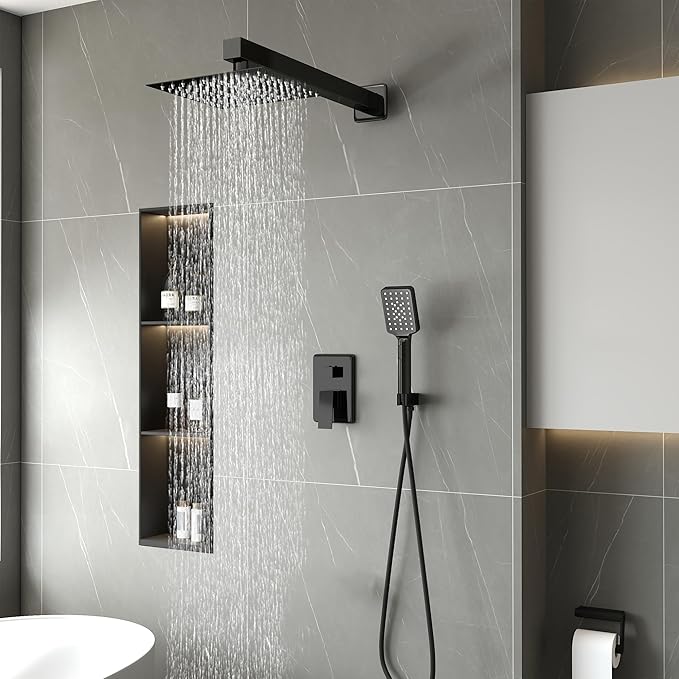 LCEVCGK Shower Head Matte Black, Shower Faucet Set Bathroom Shower System with 8 inch Square Rain Shower Head Wall Mounted with 3-Setting Handheld Spray, Rainfall Shower Combo Set