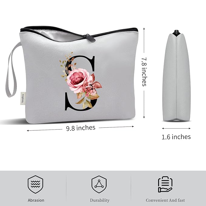 Vavabox A-Z Personalized Makeup Bag, Birthday Gifts for Women Mom, Gifts for Best Friend, Bride Bridesmaid Cosmetic bag (S, Grey)
