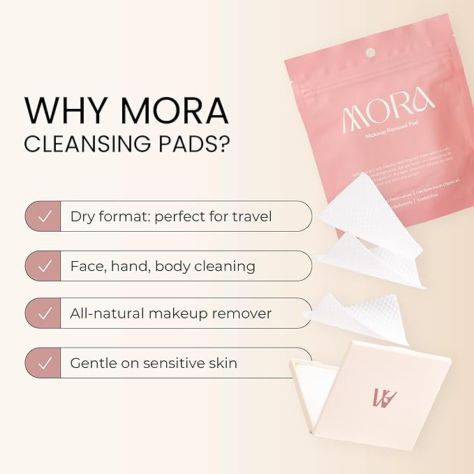 MORA Skincare Water-Activated Dry Cleansing Pads - Alcohol-Free Botanical Makeup Remover - Hand, Body, Face Pads for Women and Men - Portable - Safe for Sensitive Skin - 30 Count