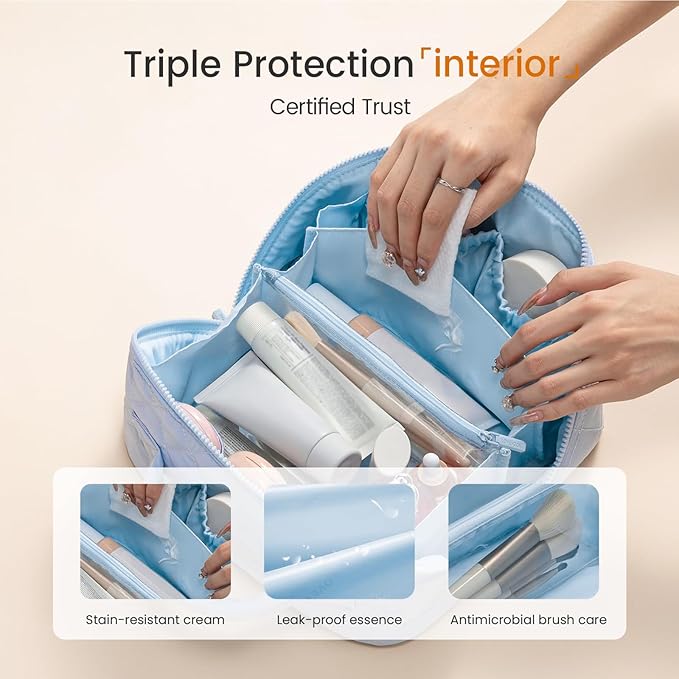 Toiletry Bag for Women, Travel Makeup Bag Flat Lay Open, Wide Open Lay-Flat Water-Resistant Large Cosmetic Case, Puffy Padded Travel Organizer for Toiletries & Brushes Large Capacity with Compartments