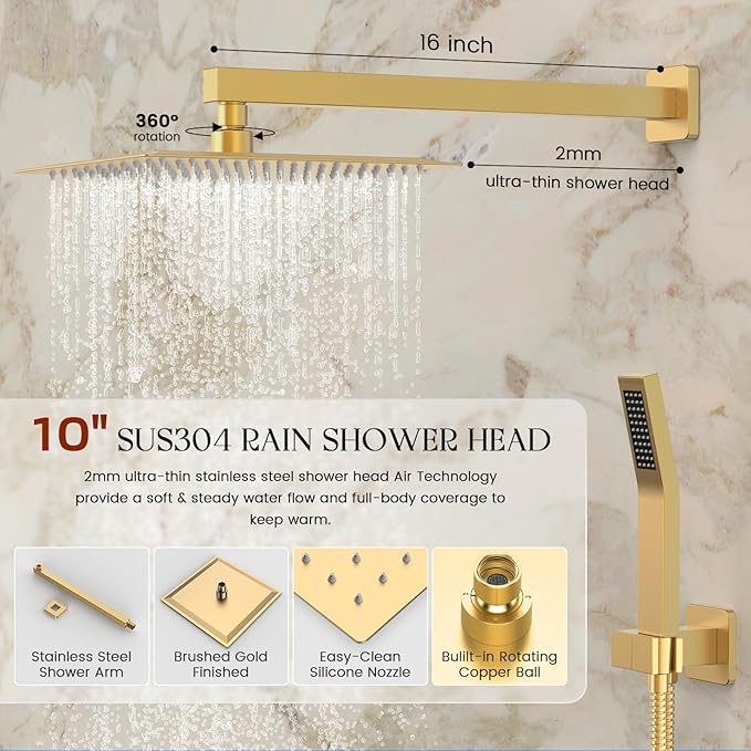 Longriver Shower Faucet Set, Shower System Bathroom High Pressure 10 Inches Rainfall Shower Head with Handheld Spray, Wall Mounted Shower Fixtures with Shower Valve and Trim Kit, Brushed Gold
