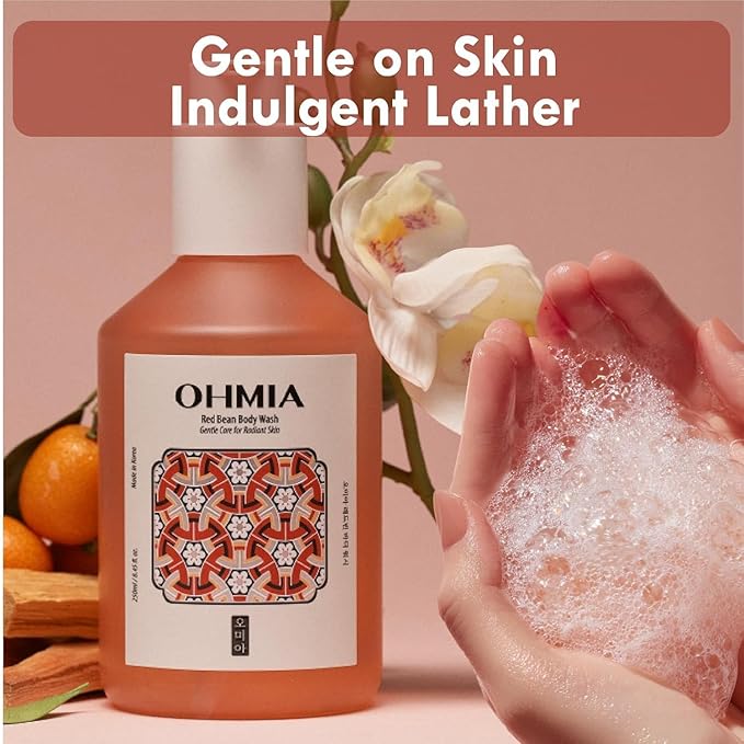 OHMIA Korean Red Bean Body Wash - Hydrating Exfoliating Shower Gel with Peptides & Hyaluronic Acid for Smooth Sensitive Skin Women & Men - Vegan & Cruelty-Free - 8.45 fl oz