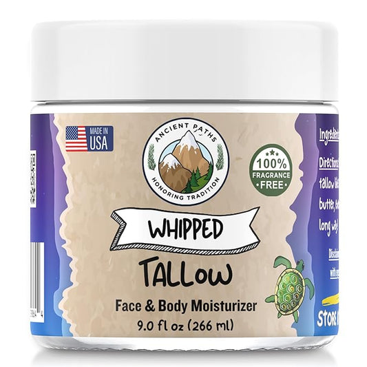 Ancient Paths Whipped Tallow (9oz) - Grass-Fed, 100% Natural Beef Tallow Moisturizer - Large Size Face & Body Moisturizer for Women, Men & Kids - Fragrance & Preservative-Free - Small Batch USA Made