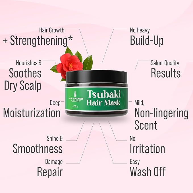 Tsubaki Hair Mask. Premium Japanese Camellia Oil (Tsubaki) Butter for Moisturizing, Hydrating, Repair & Growth. Camellia Seed Oil Treatment for Dry, Curly, Frizzy, Damaged & Color Treated Hair