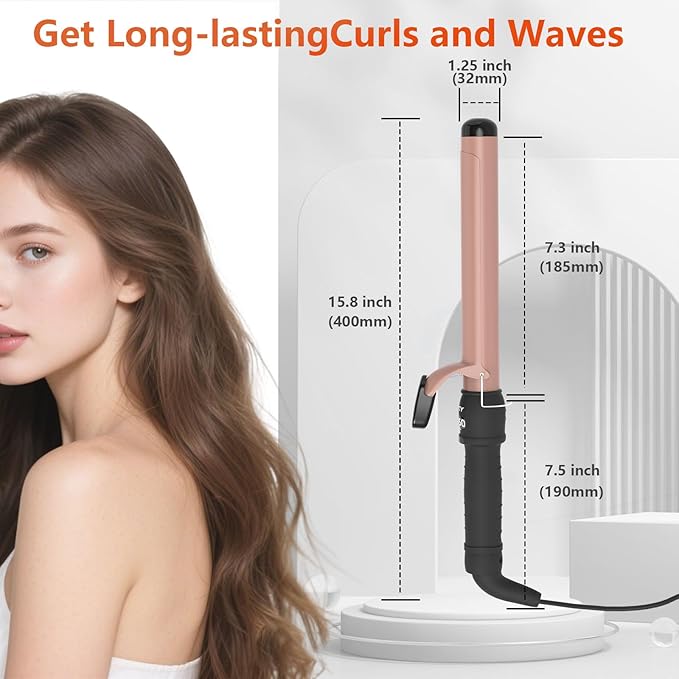 1-1/4 Inch Curling Iron - Ceramic Curling Iron, Fast Heat Function LCD Display 180°F-450°F Adjustable, Long Lasting Beach Waves, Dual Voltage Curler, Heat Resistant, Rose Gold