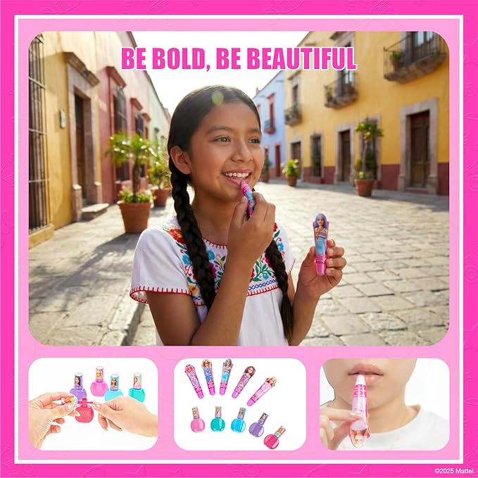 Barbie Cosmetic Makeup Set for Girls with Super Sparkly Lip Gloss Nail Polish and Nail Stickers 11 Pieces, Perfect for Parties Sleepovers Makeovers, Birthday, Ages by Townley Girl