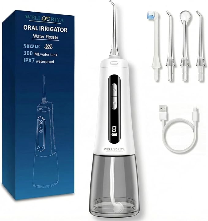 Wellooriya Cordless Water Flosser for Teeth – 300mL Large Tank, 9 Pressure Levels, LED Display, USB-C Rechargeable, IPX7 Waterproof Dental Oral Irrigator for Home & Travel (White)