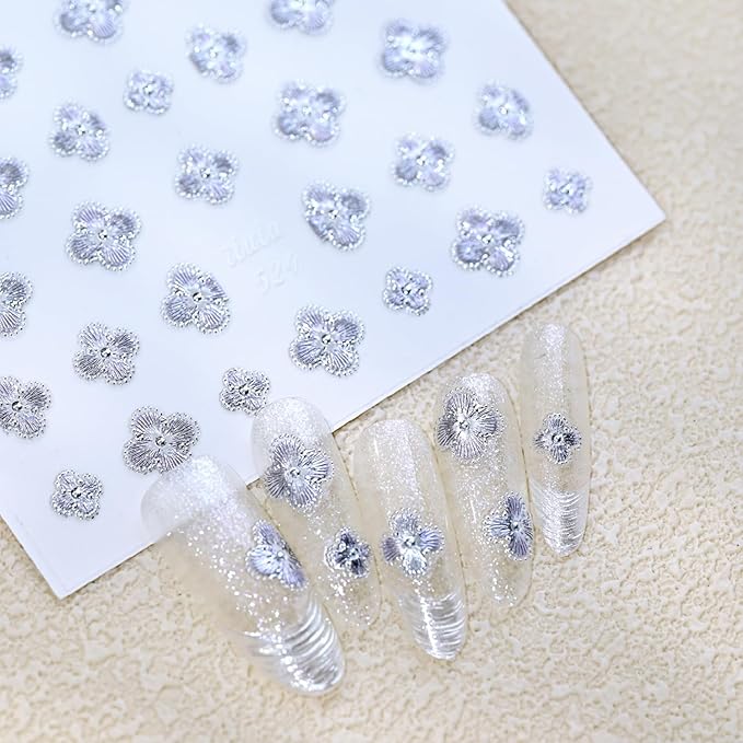 5D Embossed Nail Stickers Silver Nail Sticker for St. Patrick's Day Nail Art with Silver Four-Leaf Clover Design Nail Art Stickers Decals Lucky Nail Supplies Self-Adhesive for Women Girls
