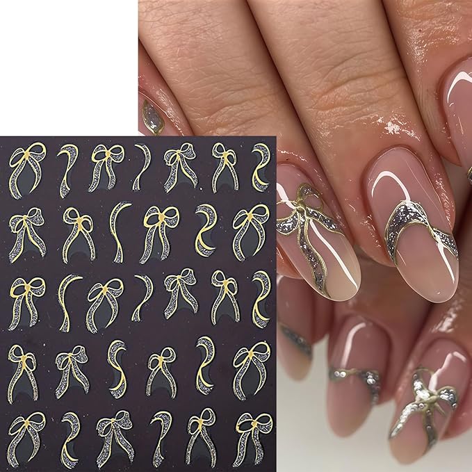 6 Sheets Bow Nail Art Stickers Bows Stickers for Nails 3D Self Adhesive Gold Red Bow Nail Decals Ribbon Bowknot Nail Design Cute Bow Nail Supplies Glitter Bow Stripe Nail Decor for Women DIY Manicure