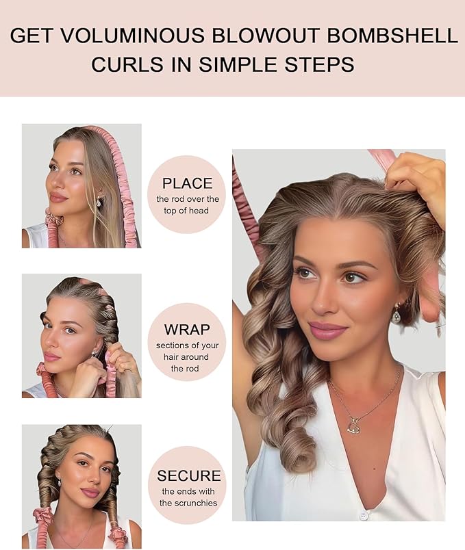 Heatless Curls Overnight Hair Curler to Sleep In Soft Jumbo Hair Rollers for Long Hair Blowout Look No Heat Overnight Curls, Satin Small Flexi Rods for Tight Curl Heatless Curling Rod Set with Clip