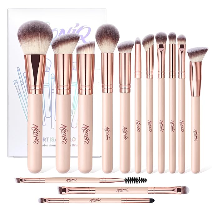 NEONIQ 14 PCS Professional Makeup Brushes, Makeup Brush Set, Foundation Powder Blending Concealer Eyeshadows Blush Cosmetics Brushes,Versatile Face Make Up Tools For Liquid, Cream, Loose(Pink)