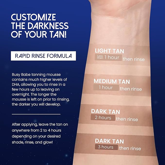 Busy Babe Self Tanner - Cabo Nights Express Rapid Dark Tanning Mousse - Deeper Sun-Kissed Glow with Mitt - Vegan, Cruelty-Free, Instant Tan, Self Tanning Mousse Pump - Express, Violet based- 7.2 oz