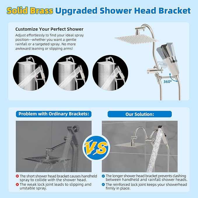 Hibbent All Metal cUPC Certified Shower Head, 10'' High Pressure Rainfall Showerhead Combo, Handheld Shower Wand, 12'' Adjustable Extension Arm, 4-Spray, 71'' Hose, Shower Holder, Brushed Nickel