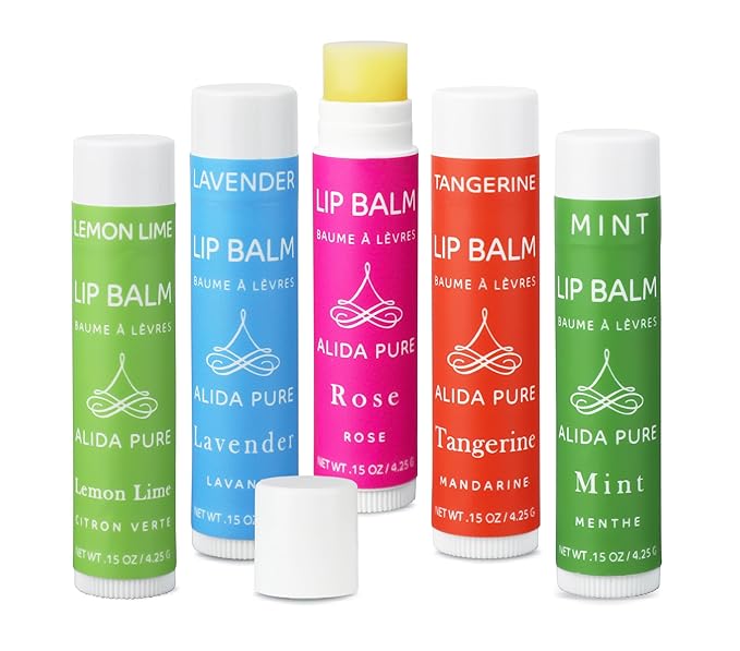 ALIDA PURE Aria Lip Balm Collection, Vegan Set, Beeswax Free, with Organic Jojoba and Avocado Oil, Vitamin E, Natural Moisturizer for Dry, Chapped Lips, 5 Tube Set