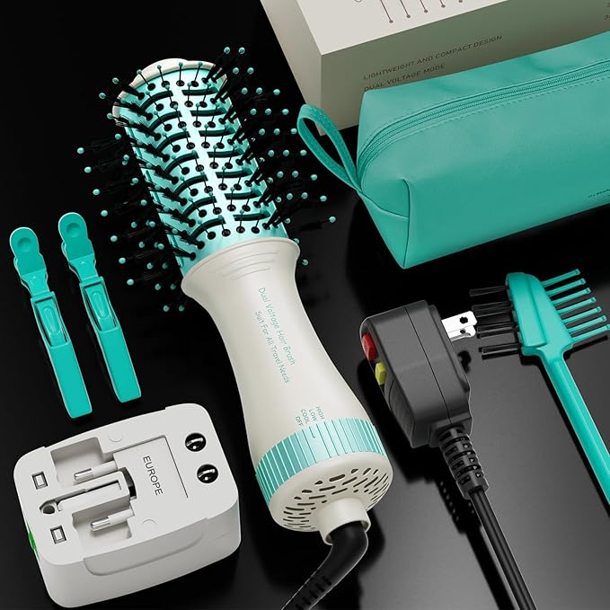 Dual Voltage Travel Hair Dryer Brush 4-IN-1 Portable Mini Hot Air Blow Dryer Straightener & Curler Brush, Titanium Round Blowout Styler Volumizer Tools, 110/240V US/EU/UK Plug for International Travel