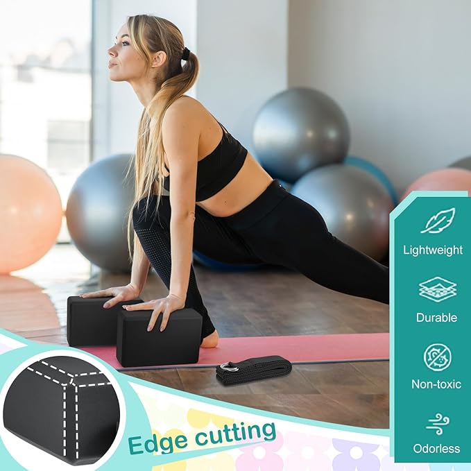 Meooeck 18 Pcs Yoga Block and Strap Set 9 x 6 x 3 Inch EVA Foam Non Slip Brick 8 ft Yoga Straps for Stretching D Ring Design Christmas Fitness Gifts for Women Pilates Workout Exercise