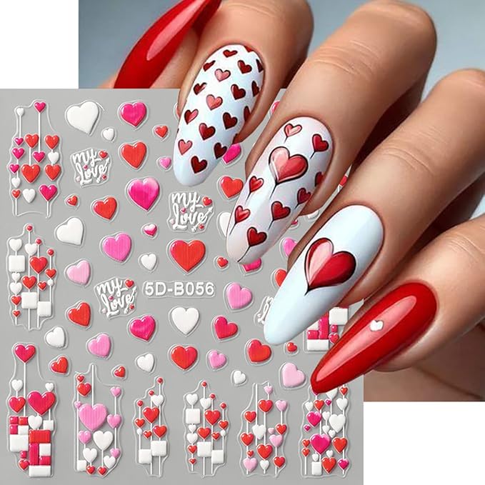 3 Sheets Heart Nail Stickers Red Pink Heart Nail Decals 3D Self Adhesive Valentine Heart Love Nail Art Sticker Holiday DIY Manicure Decoration Supplies Accessories for Women