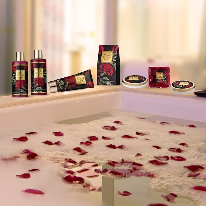 Valentines Day Gifts for Her - Exotic Rose Valentine Gift Basket for Women, Spa Bath and Body Gift Set, Anniversary Gifts for Women, Mom Birthday Gift with Body Scrub, Bubble Bath, Lotion & M