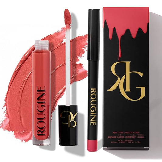 Rougine Liquid Lipstick & Lip Liner Set for Women – Smooth Matte Boujee Shade, Long-Lasting Waterproof Lipstick, Smudge-Resistant Lip Makeup, Soft Glide Liner – Vitamin E & Shea Butter