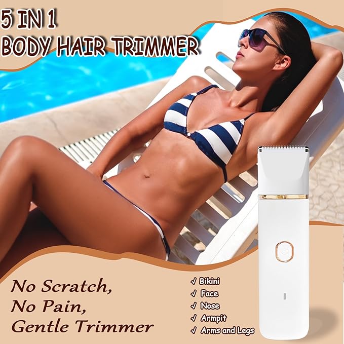 Bikini Trimmer for Women, 5-in-1 Electric Razors Shaver, IPX7 Waterproof Cordless Body Hair Trimmer, Rechargeable Facial & Pubic Hair Remover, Ceramic Blade Bikini Shaver, Gifts for Women (White)