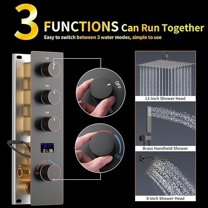 AYIVG Oil Rubbed Bronze Thermostatic Rainfall Shower System 12 Inch And 8 Inch Dual Square Shower Head System Ceiling Mount Temperature Display Shower Faucet Set With Handled Spray
