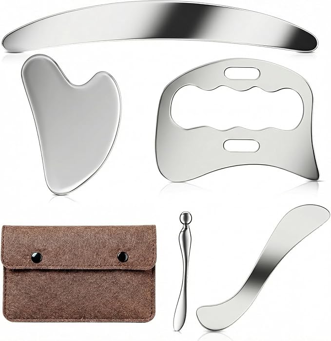 5 in 1 Muscle Scraper Tools Kit - Stainless Steel Gua Sha Massage Tools for Physical Therapy, Derma Edge Scraping for Face & Body, 5 PCS Guasha Set for Deep Tissue & Relaxation（5 PCS） (Brown)