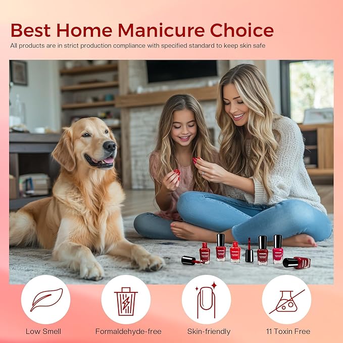 Morovan Red Nail Polish Set: Glitter Bright Burgundy Cherry Red Fingernail Polish Kit Shimmer Sparkle Air Quick Dry Nail Polish Pack for Manicure Holiday Party Valentine's Day Gift for Women Girls