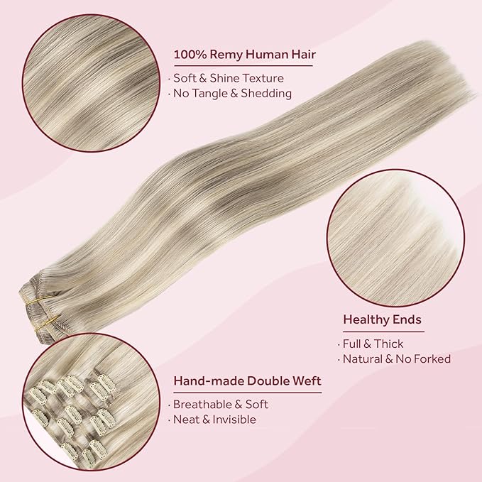 Clip in Hair Extensions Real Human Hair, Remy Hair Extensions Clip In Human Hair Thick and Silky, Ash Blonde Highlighted Platinum Blonde #P17A/60A 18Inch 120G 7PCS