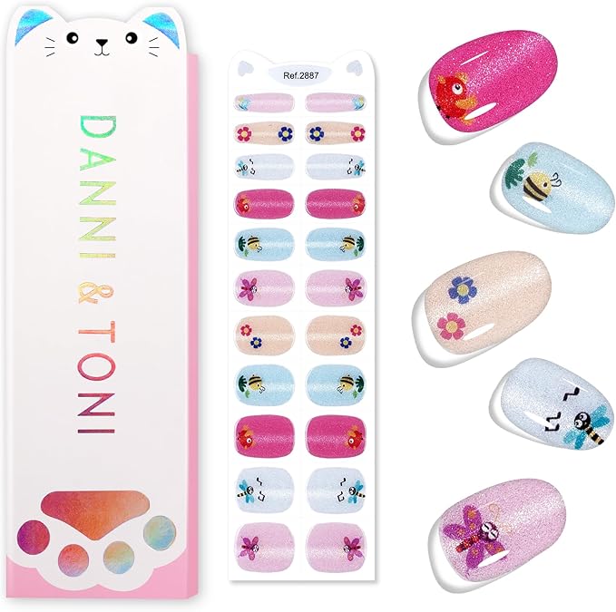 DANNI & TONI Kids Gel Nail Strips Bird Bee Butterfly Cat Eye Salon-Quality Peel & Stick Manicure for Children (Age 6+)– Safe, Long-Lasting, Easy to Apply | Birdie Buzz