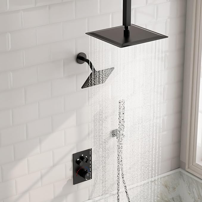 GRANDJOY Thermostatic Shower System, Dual Rainfall Shower Heads for Ceilling & Wall Mounted with Handheld Sprayer, Matte Black