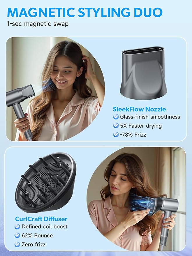 2026 Hair Dryer, Blow Dryer with Diffuser - 200,000 RPM High-Speed Ionic Technology for Women and Man, 1200M Negative Ions & Brushless Motor, Low Noise Design with Magnetic Nozzle Attachments (Gray)