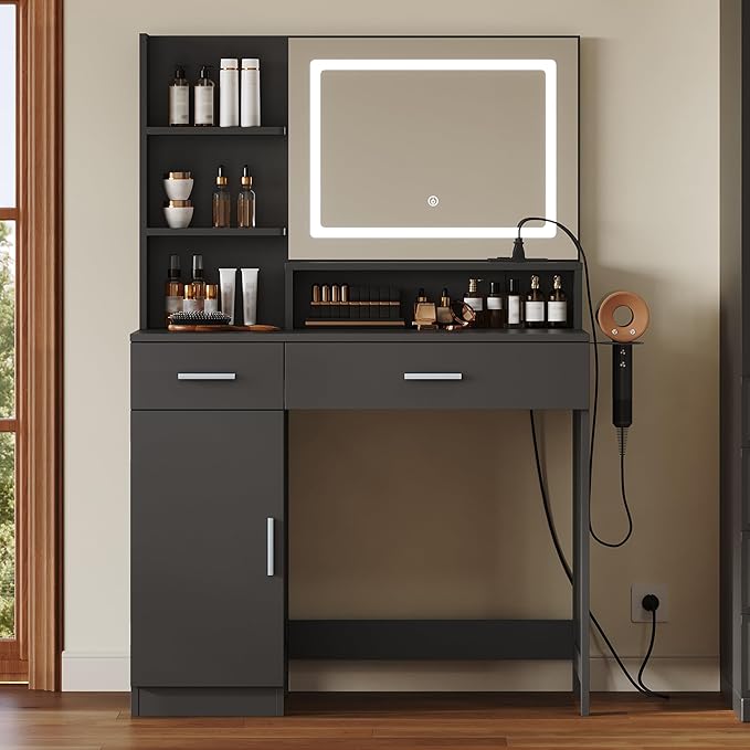 Vanity Desk with LED Mirror and Lights, Makeup Vanity Table with Power Outlet, Drawers, Cabinet, Dressing Table with Open Storage Shelves for Bedroom, Dressing Room, Black