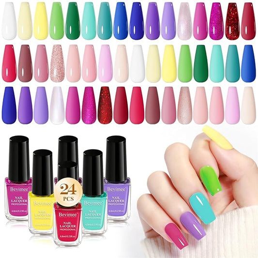 Nail Polish Set Quick Dry-24Pcs Regular Fingernail Polish Bulk White Nude Pink Red Green Blue Long Lasting French Nail Art DIY Home Gift Set for Women