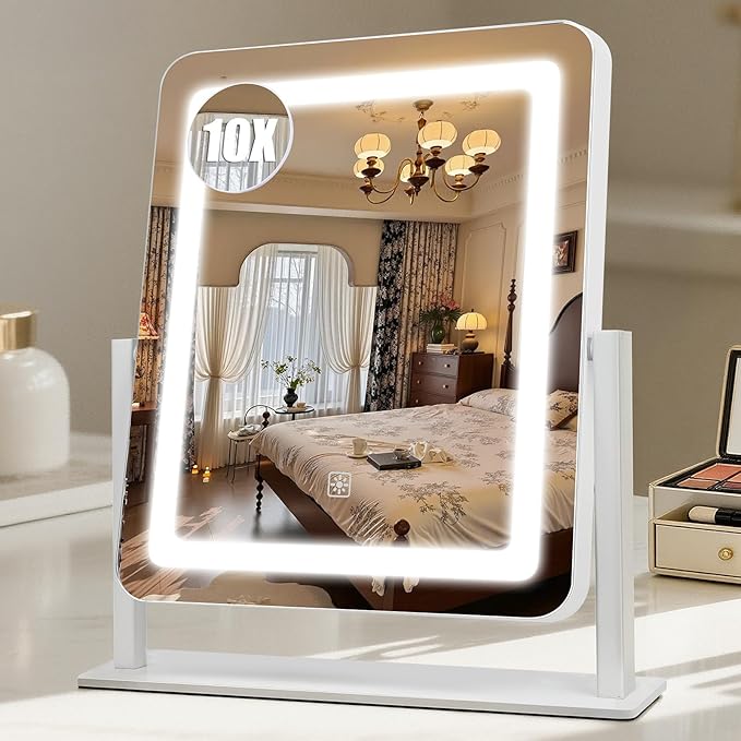 Vanity Mirror with Lights, 12.2"×15" Large LED Makeup Mirror with Light, HD Mirror, Smart Touch with 3-Color Lighting, Dimmable, 360° Rotation, Lighted Up for Vanity Desk Tabletop, Bedroom (White)