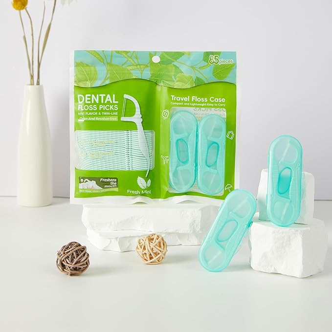 Mint Flavored Dental Floss Picks - Twin Line Floss Sicks 170 Count, with 4 Mini Travel Floss Case, Compact & Resealable for Easy Storage at Home or On-The-Go, Making Oral Care Simple(Green)