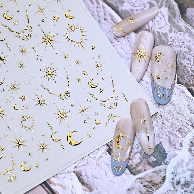 Gold 5D Embossed Nail Stickers Star Nail Stickers for Nail Art with Moon Heart Design Nail Art Stickers Self-Adhesive Gold Nail Decals for Women Manicure Supplies