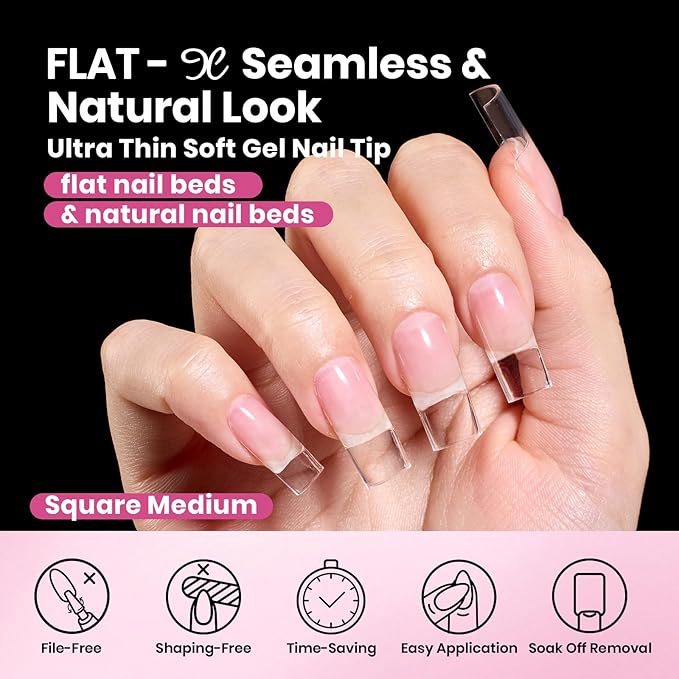 Beetles Gel Nail Tips Flat-X - Square Medium, 320pcs 16 Sizes, Pre-Etched Half Matte Full Cover Soft Acrylic Press on False Nail Extension Tips Easy DIY Salon Art for Flat & Natural Nail Beds