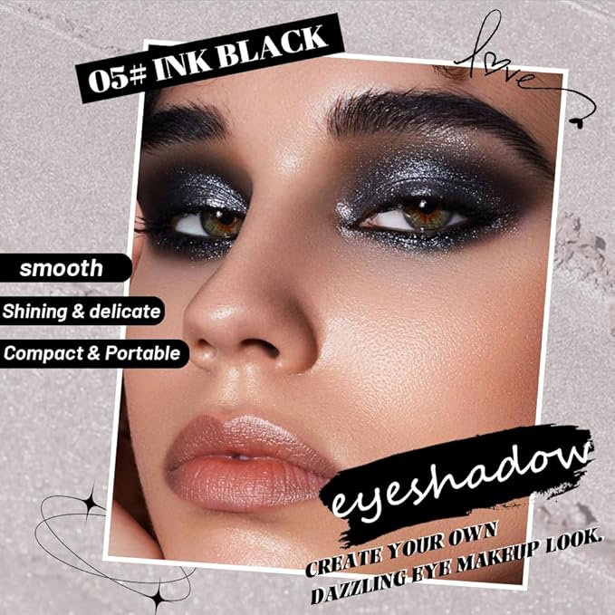 Black Single Shimmer Glittle Eye shadow Palette Makeup, Single Shimmer Eyeshadow for Older Women, High Pigment Natural Sombras Crema Para Ojos, Talc, Paraben & Cruelty Free (05#Black)