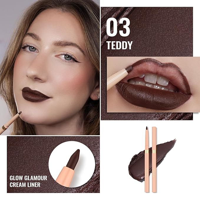 Oulac Brown Lip Liner Pencil, 2in1 Retractable Makup Crayon for Lipliner and Eyeliner, Highly Pigmented, Smooth, Long Lasting and Waterproof Formula, Vegan Beauty, 03 Teddy