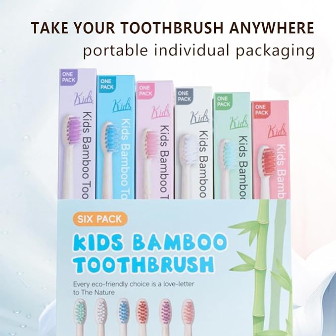 Kids Bamboo Toothbrushes Set, BPA Free Soft PBT Bristles, Natural Eco Friendly Wooden Tooth Brush for Children Toddler, Biodegradable Individual Wrap Travel Toothbrush 6 Pack