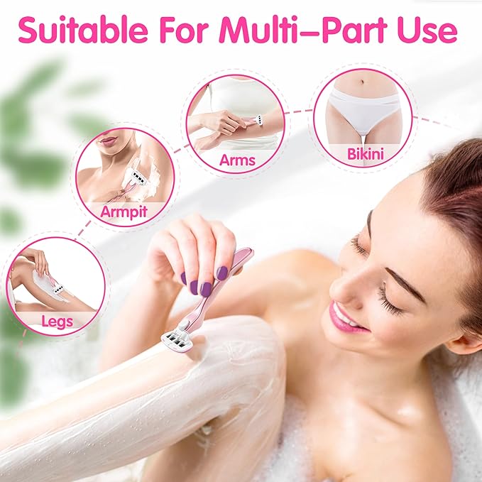 Razors for Women Include 1 Non-Slip Metal Handle and 7 Blade Refills, 5 Premium Blades Women's Razors for Shaving with 360° Lubrication Reduces Irritation, Pink