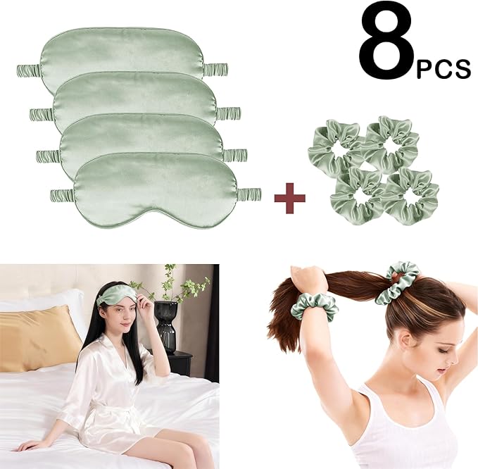 Satin Eye Mask 8Pcs Silk Sleep Masks Silky Blindfold Eyeshade Blackout Eyes Cover Scrunchies Hair Ties Travel Wedding Gifts