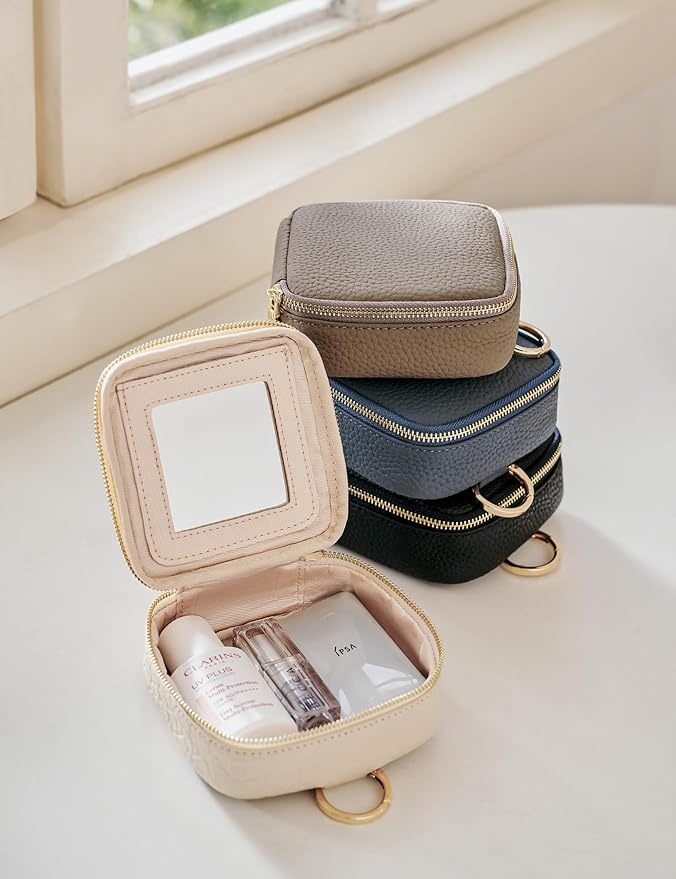 Oaque Small Makeup Bag with Mirror, Genuine Leather Mini Cosmetic Bag for Purse Makeup Pouch with Zipper Mini Toiletry Bag Cute Cosmetic Pouch for School, Travel, Car (Cream White)