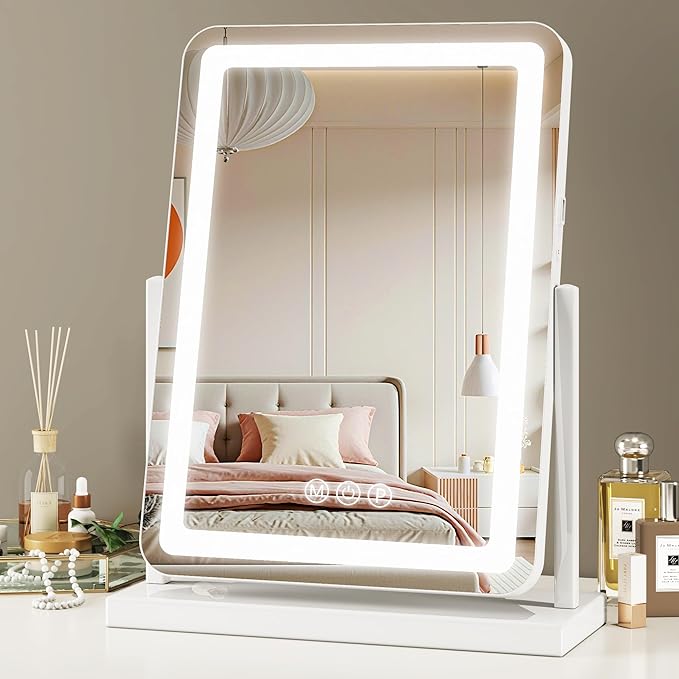 Vanity Mirror with Lights, 18"x14" Hollywood Lighted Makeup Mirror for Tabletop & Bedroom 3 Color Lighting Modes Smart Touch Control 360° Rotation Detachable