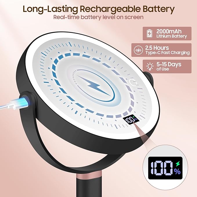 Magnifying Mirror with Light 30X/1X, Digital Display, Smart Touch Control, Vanity Mirror with 3 Color Lights, 360 Rotate, Height Adjustable Lighted Magnifying Mirrors for Desk Travel