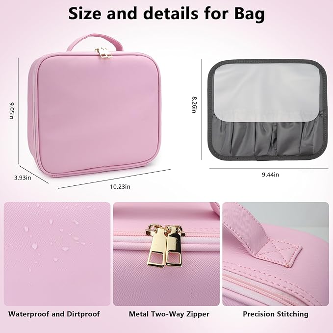 SLUMAZI Travel Makeup Bag with LED Mirror Travel Makeup Organizer with 3 Lighted Settings, Adjustable Dividers and Makeup Brush Storage Bag Light Pink