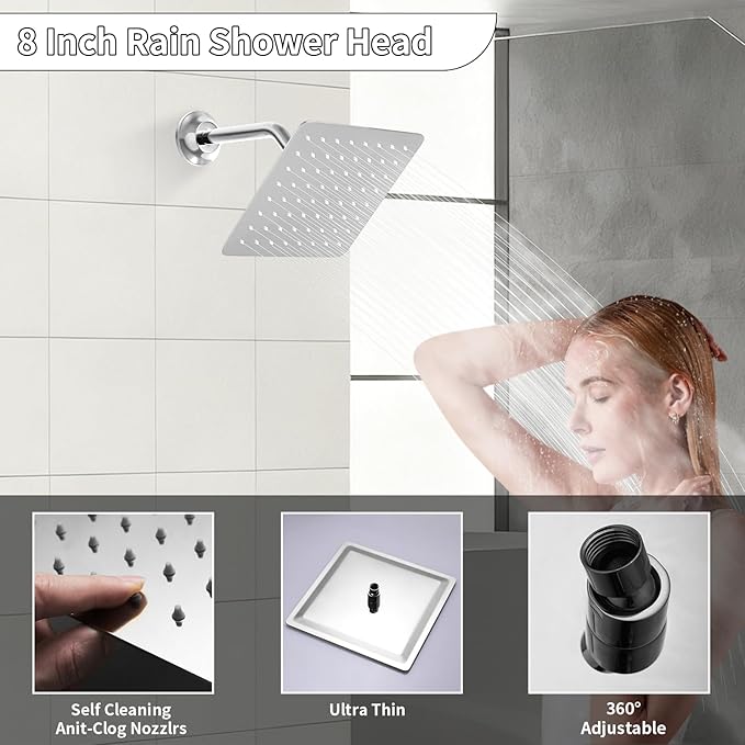HONGTONGSOWER Bathroom Rainfall Shower System Wall Mount 8 Inch Shower Head With Handled Spray 6 Pcs jets Temperature Display Shower Faucet Set (Chrome)
